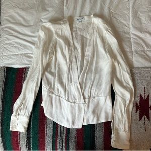 White Express jacquard style wrap shirt; size S